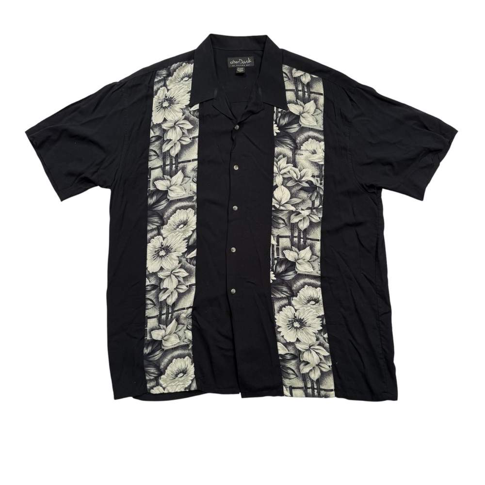 After Dark Mens Hawaiian Shirt Black Rayon Vertical Floral Panel Camp Aloha - XL